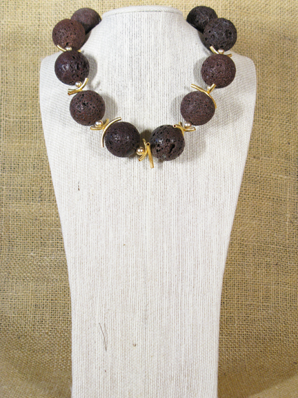 
LARGE BROWN LAVA & GOLD PLATED NOODLES & BALLS WITH GOLD PLATED CLASP