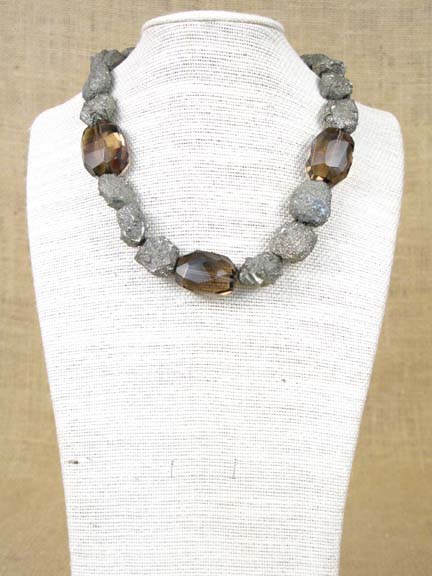 
SMOKEY QUARTZ & PYRITE CRYSTALS WITH GOLD VERMEIL CLASP