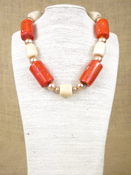 
LARGE ORANGE CORAL & CREAM CORAL & CHAMPAGNE SHELL PEARLS WITH GOLD VERMEIL CLASP