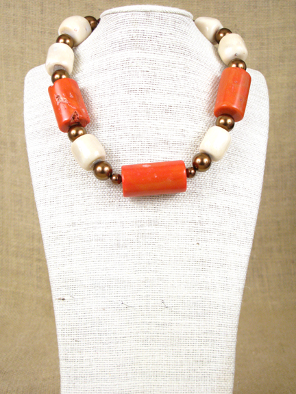 
LARGE ORANGE CORAL & CREAM CORAL & BROWN SHELL PEARLS WITH GOLD VERMEIL CLASP