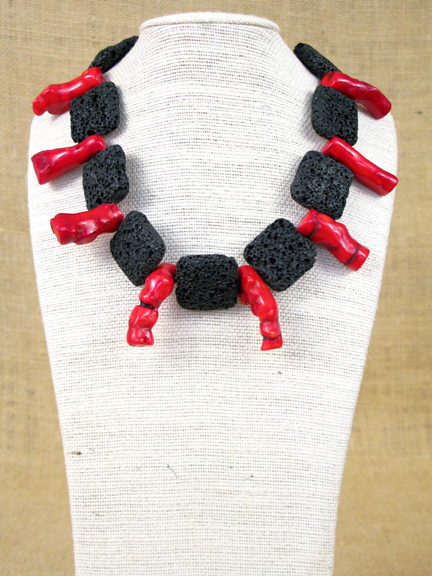 
RED CORAL BRANCHES AND BLACK LAVA WITH STERLING SILVER CLASP