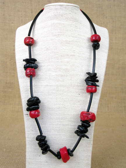 
RED CORAL & BLACK METEORITE WITH BLACK RUBBER (NYLON 11) SPACERS WITH STERLING SILVER HOOK CLASP