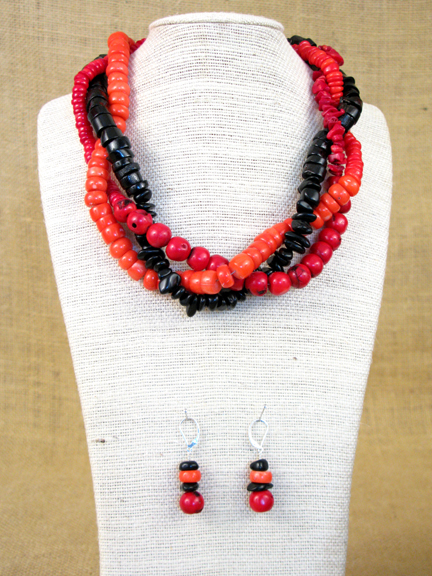 
RED & ORANGE CORAL AND BLACK LAVA & ONYX CHIPS WITH STERLING SILVER CLASP