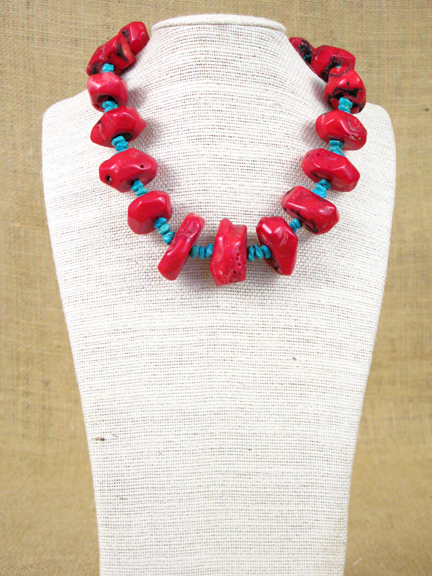
RED CORAL & TURQUOISE WITH STERLING SILVER CLASP