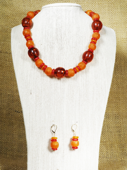 
GOLDEN, RED, and ORANGE OLD AFRICAN GLASS BEADS WITH GOLD PLATED CLASP