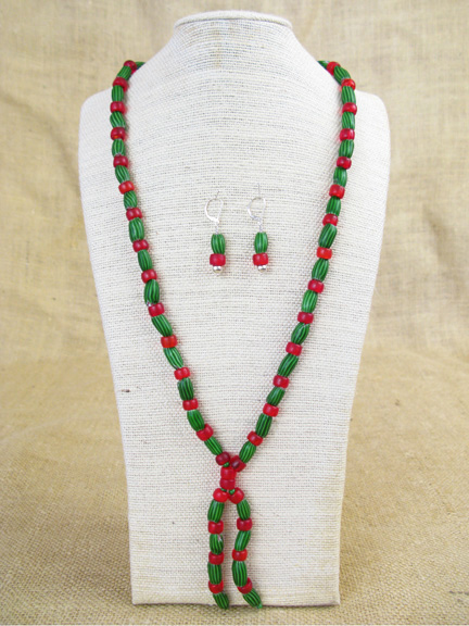 
RED AFRICAN GLASS SEED BEADS & GREEN AFRICAN GLASS WATERMELON BEADS WITH DANGLE