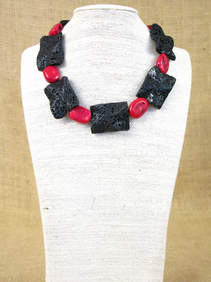 
RED CORAL AND BLACK LAVA WITH STERLING SILVER CLASP