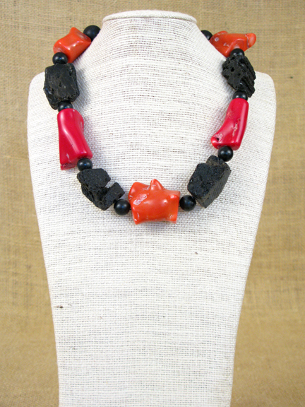 
RED & ORANGE CORAL AND BLACK LAVA & JET BLACK WITH STERLING SILVER CLASP