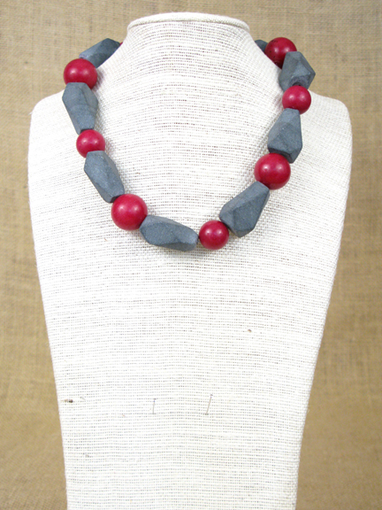 
CRANBERRY RED QUARTZ (DYED) & GRAY AGATE WITH STERLING SILVER CLASP