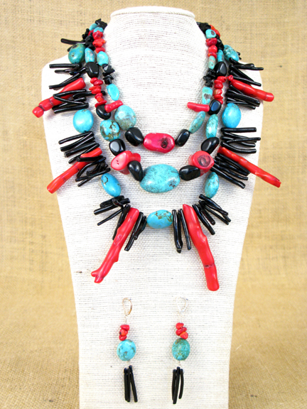 
TURQUOISE & BLACK AND RED CORAL WITH STERLING SILVER CLASP