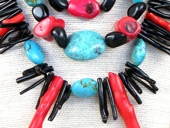 
TURQUOISE & BLACK AND RED CORAL WITH STERLING SILVER CLASP