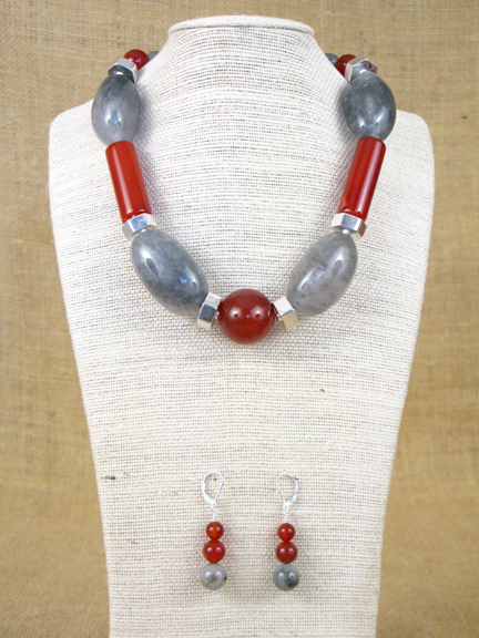 RUST CARNELIAN & GRAY QUARTZ WITH STERLING CLASP