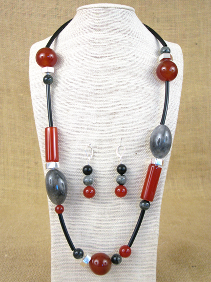 
RUST CARNELIAN & GRAY QUARTZ WITH BLACK RUBBER (NYLON 11) SPACERS WITH STERLING SILVER HOOK CLASP
