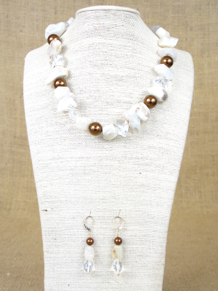 
RAINBOW WHITE MOONSTONE & CLEAR QUARTZ & BROWN SHELL PEARLS WITH GOLD VERMEIL CLASP
