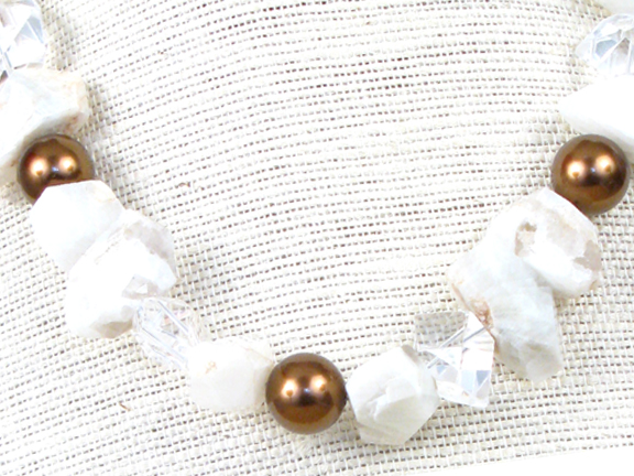 
RAINBOW WHITE MOONSTONE & CLEAR QUARTZ & BROWN SHELL PEARLS WITH GOLD VERMEIL CLASP
