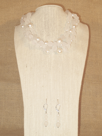 
FROSTED QUARTZ & SHELL PEARLS WITH STERLING CLASP