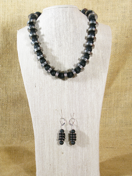 
BLACK AGATE BALLS AND STAINLESS STEEL WASHERS WITH STERLING CLASP