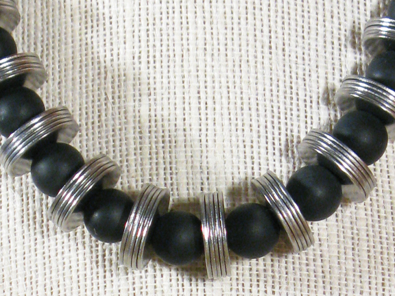 
BLACK AGATE BALLS AND STAINLESS STEEL WASHERS WITH STERLING CLASP