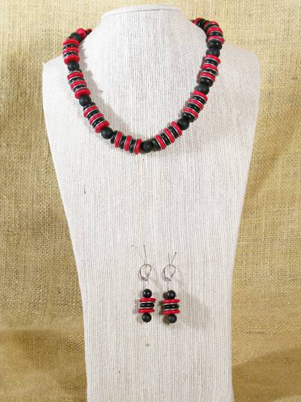 
BLACK AGATE BALLS & RED & BLACK MAGNESITE AND STAINLESS STEEL WASHERS WITH STERLING CLASP