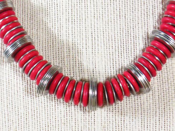 
RED MAGNESITE AND STAINLESS STEEL WASHERS WITH STERLING CLASP