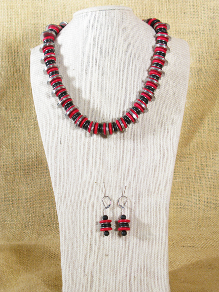 
RED & BLACK MAGNESITE AND STAINLESS STEEL WASHERS WITH STERLING CLASP