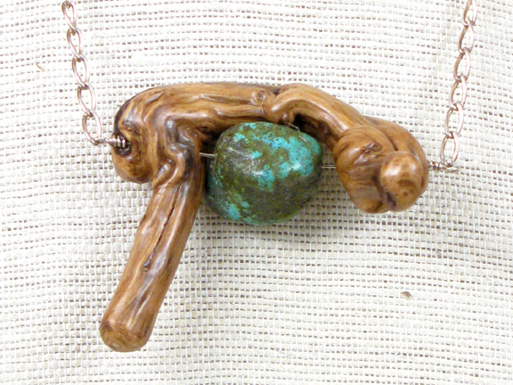 
BURLED ROOT & TURQUOISE WITH STERLING SILVER CHAIN
