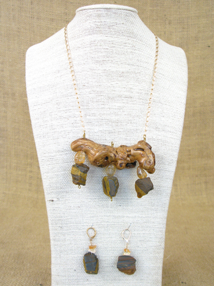 
BURLED ROOT WITH TIGER EYE AND CITRINE WITH GOLD FILLED CHAIN