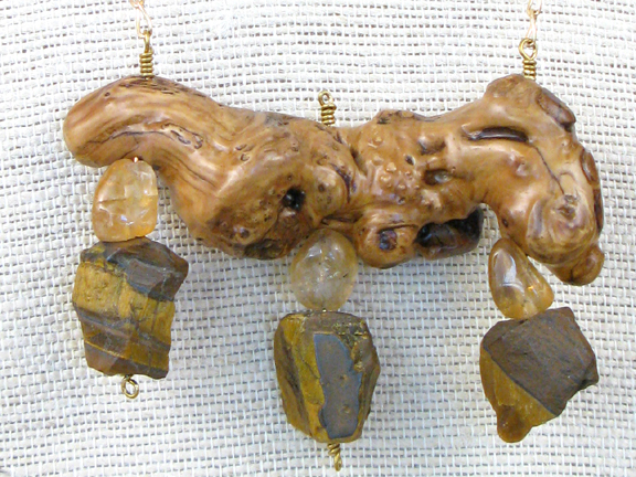 
BURLED ROOT WITH TIGER EYE AND CITRINE WITH GOLD FILLED CHAIN
