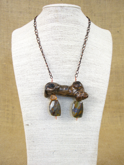 
BURLED ROOT & GOLDEN CITRINE AND CONGLOMERATE STONE WITH COPPER CHAIN