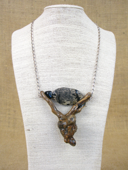 
BURLED ROOT WITH PICTURE JASPER & BLACK ONYX WITH STERLING SILVER CHAIN