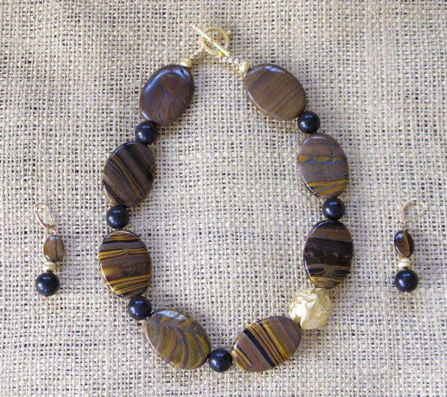 TIGER IRON AND JET BLACK STONE WITH GOLD VERMEIL BEAD