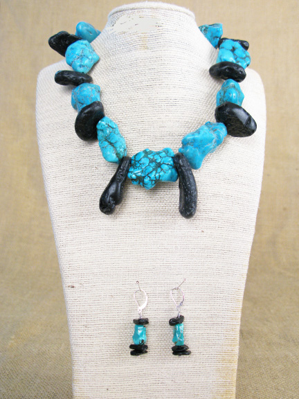 
LARGE TURQUOISE & LARGE METEORITE NUGGETS WITH STERLING SILVER CLASP