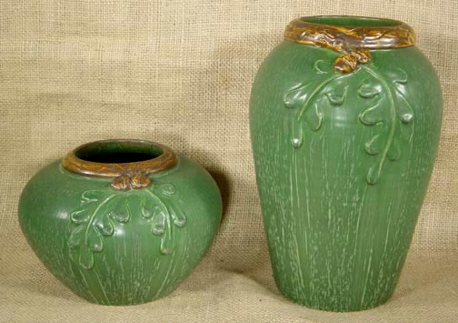 EPHRAIM POTTERY TWO OAK LEAVES AND ACORN POTTERY VASES