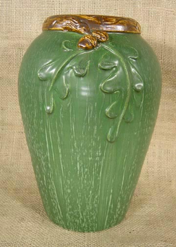 EPHRAIM POTTERY OAK LEAVES AND ACORN POTTERY TALL VASE